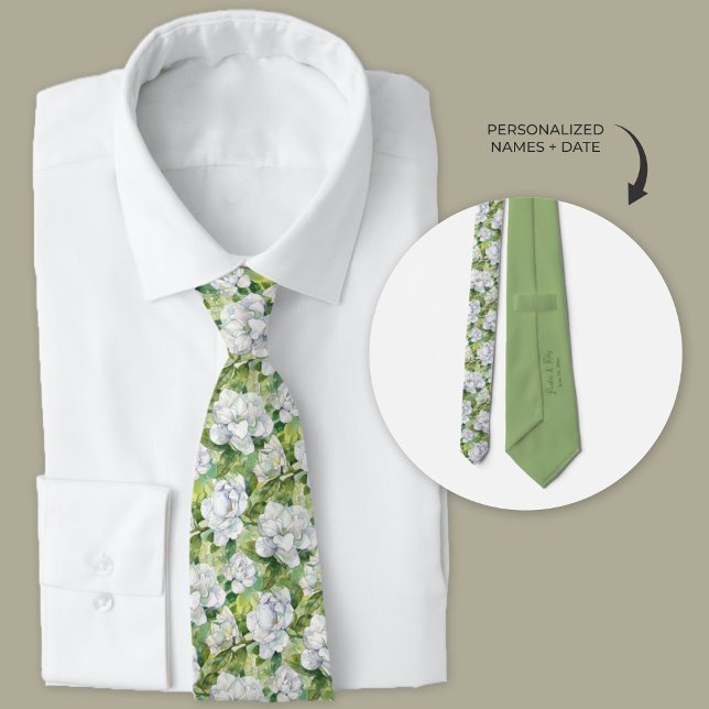 Aquarellfarbene Weißgarten Blumenbeete Trauzeugen Krawatte (Watercolor white gardenia floral wedding necktie for groom and groomsmen.)