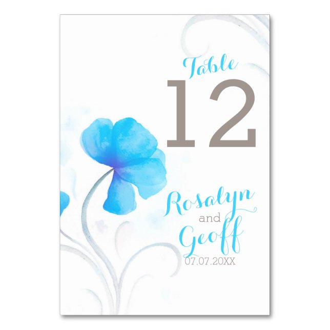 Aquarellfarbene Wildblume Blaue Hochzeit Tischnumm Tischnummer (Vorderseite)