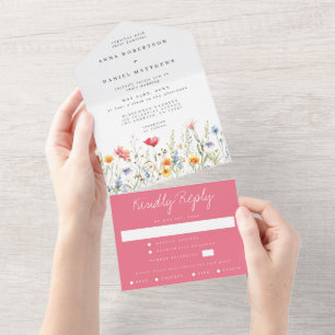 Aquarellfarbene Wildblume in einer Hochzeit All In One Einladung