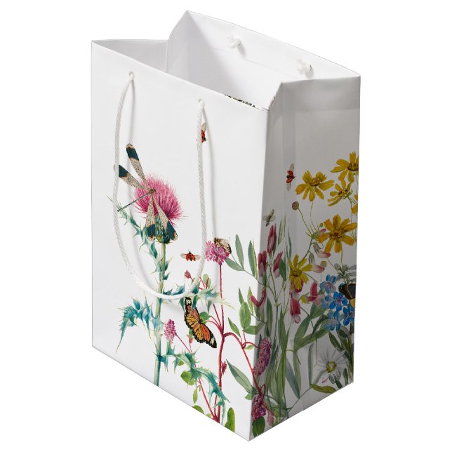 Aquarellfarbene Wildblume Insekten Blumengarten Mittlere Geschenktüte (Rückseite Schrägansicht)