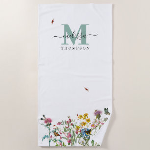 Aquarellfarbene Wildblume Insekten Blumengarten Strandtuch