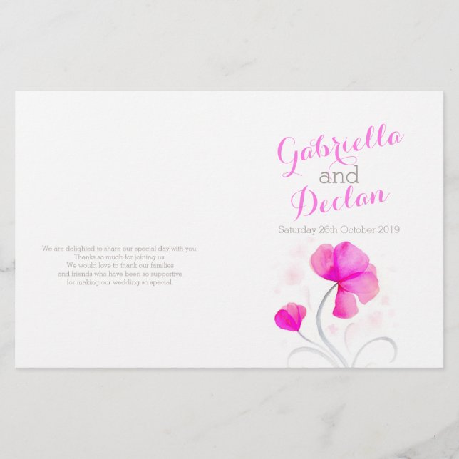 Aquarellfarbene Wildblume Rosa-Grau Hochzeitsprogr (Vorderseite)