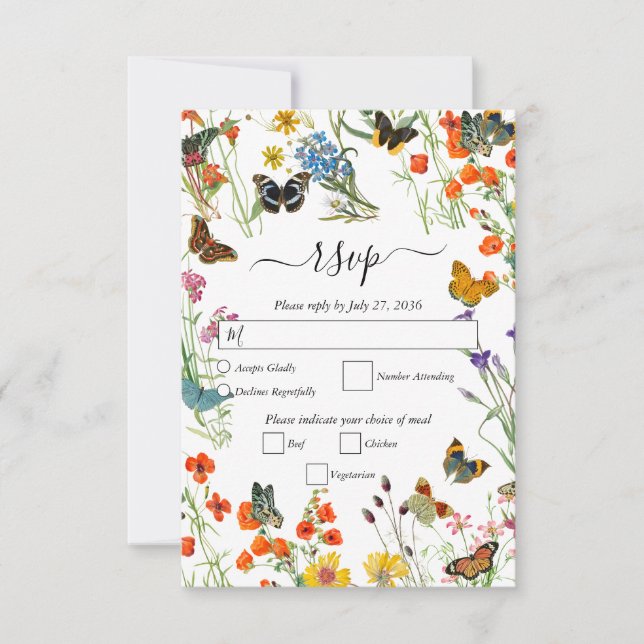 Aquarellfarbene Wildblumen Butterfliegen Blumenzeh RSVP Karte (Vorderseite)