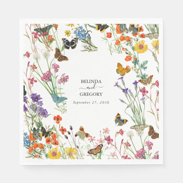 Aquarellfarbene Wildblumen Butterfliegen Blumenzeh Serviette (Vorderseite)