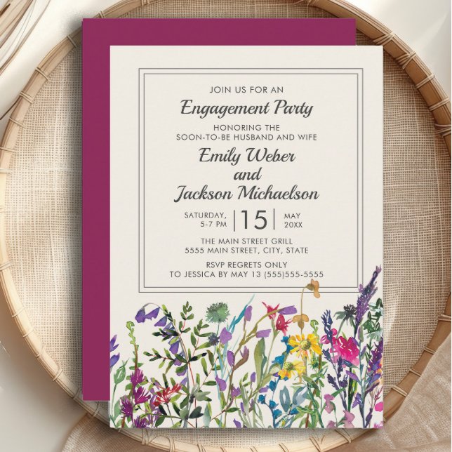 Aquarellfarbene Wildblumen Creme Lila Verlobung Einladung (Watercolor wildflowers engagement party invitation )