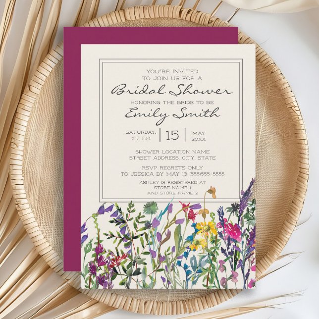 Aquarellfarbene Wildblumen Cremefarbenes Lila Brau Einladung (Watercolor wildflowers bridal shower invitation)