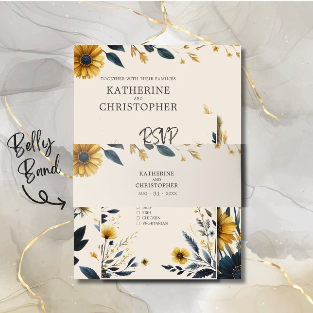 Aquarellfarbene Wildblumen Elegante Beige Hochzeit Einladungsbanderole (Watercolor Floral Wedding Invitation Belly Band with Blue and Yellow Wildflowers.)
