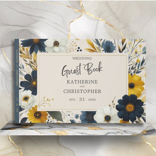 Aquarellfarbene Wildblumen Elegante Beige Hochzeit Gästebuch (Watercolor Floral Elegant Wedding Guest Book with Blue Yellow Wildflowers, Wedding Info.)