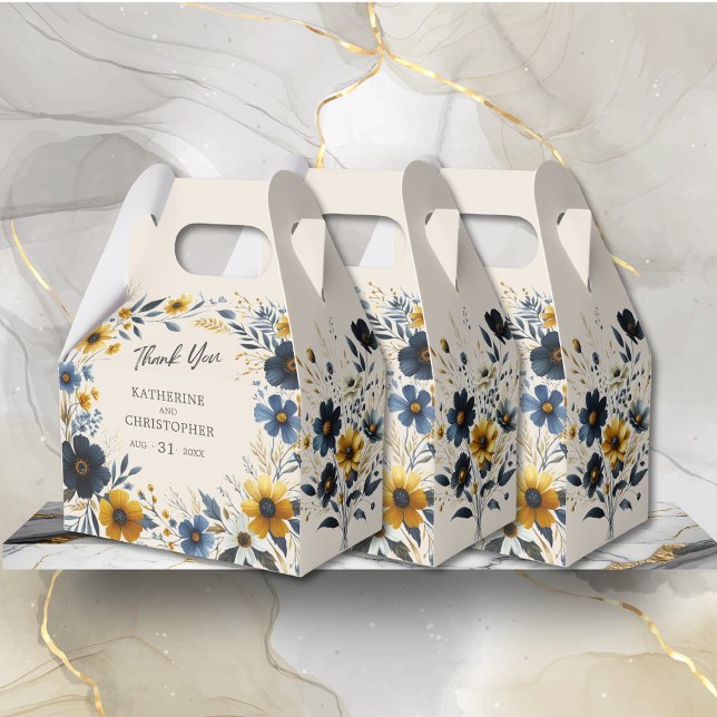 Aquarellfarbene Wildblumen Elegante Beige Hochzeit Geschenkschachtel (Watercolor Wildflowers Elegant Wedding Thank You Favor Box with Blue and Yellow Wildflowers.)