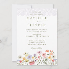 Aquarellfarbene Wildblumen, Foliage & Hochzeit Einladung