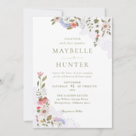 Aquarellfarbene Wildblumen, Foliage & Hochzeit Einladung