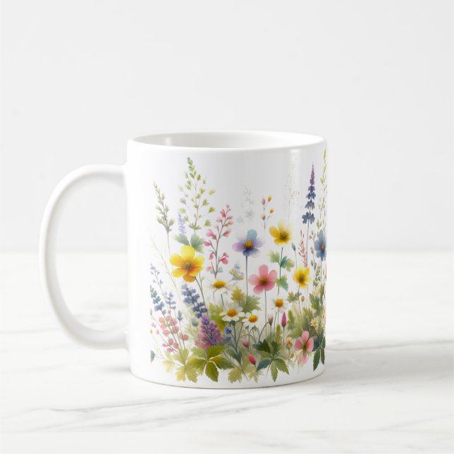 Aquarellfarbene Wildblumen Gelbe blaue Blume Kaffeetasse (Links)