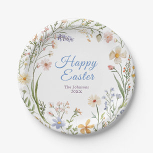 Aquarellfarbene Wildblumen glücklich Ostern Pappteller
