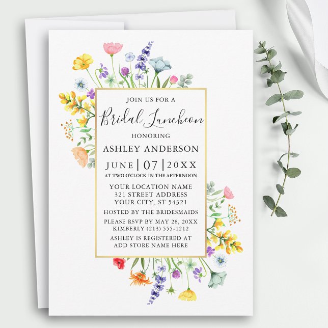 Aquarellfarbene Wildblumen Goldrahmen Bridal Lunch Einladung (Customize to change text size, color, style or add more text to back of card.)
