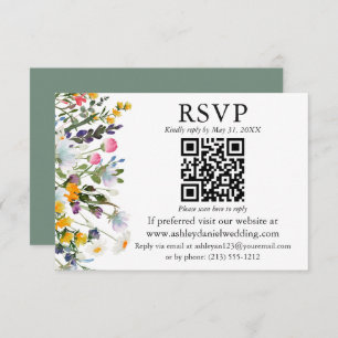 Aquarellfarbene Wildblumen Hochzeitssage Green QR  Karte