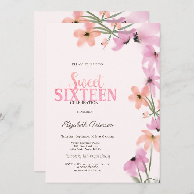 Aquarellfarbene Wildblumen Rosa Boho Blume Süß 16 Einladung (Vorne/Hinten)