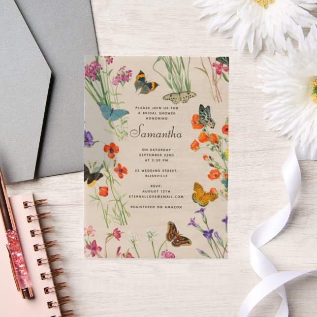 Aquarellfarbene Wildblumen Schmetterlinge Brautpar (Hochzeit)