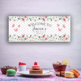 Aquarellfarbene Wildblumen Schmetterlinge Brautpar Banner