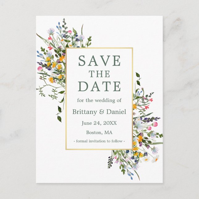 Aquarellfarbene Wildblumen setzen Save the Date gr Postkarte (Vorderseite)