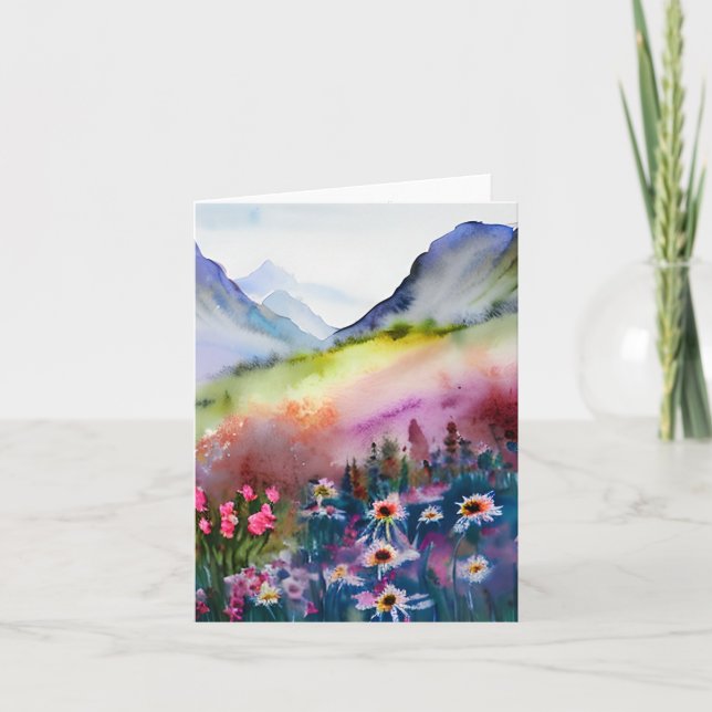 Aquarellfarbene Wildblumen und Berge individuell a Karte (Vorderseite)