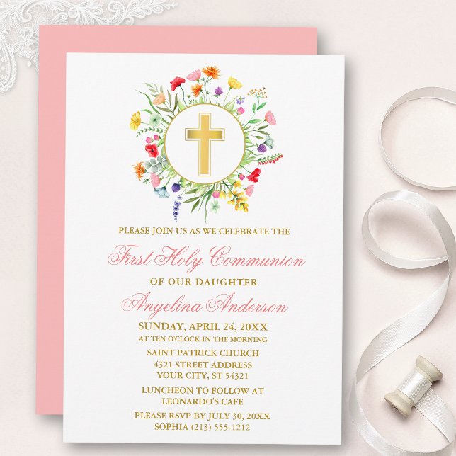 Aquarellfarbene Wildblumen Wreath Gold Pink Kommun Einladung (Customize to change text color, size, style or to change color of back of card.)