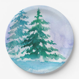 Aquarellfarbene Winterkiefern Pappteller