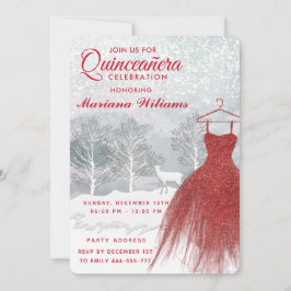 Aquarellfarbene Winterszene Rotes Kleid Quinceañer Einladung