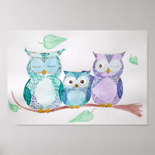 Aquarellfarbene Wohngestaltung, niedliche Eule, Po Poster