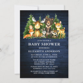 Aquarellfarbene Woodlandtiere Blauer Holzdusche Einladung