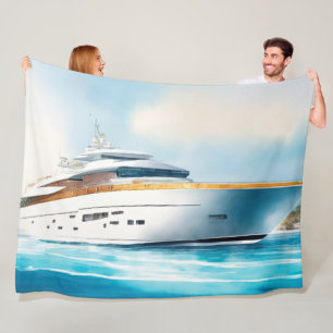 Aquarellfarbene Yacht auf dem blauen Wasser Fleecedecke