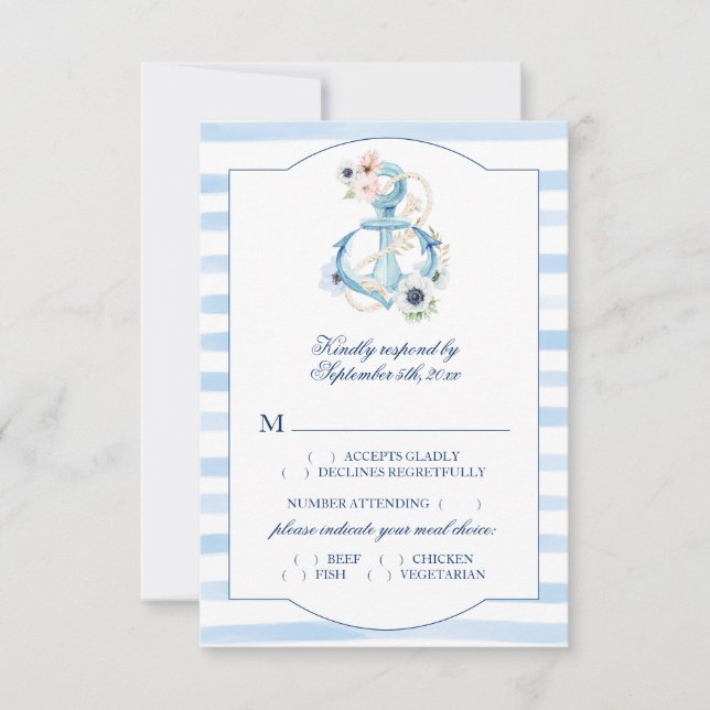 Aquarellfarbener Ankerplatz Blaue Streifen Auswahl RSVP Karte (Vorderseite)