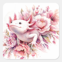 Aquarellfarbener Axolotl unter rosa Blume