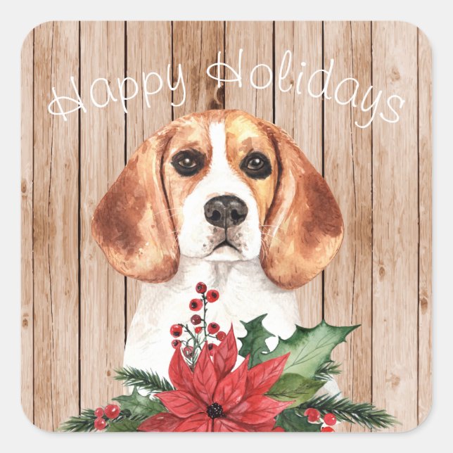 Aquarellfarbener Beagle & Weihnachtsbouquet indivi Quadratischer Aufkleber (Vorderseite)