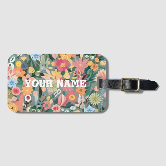 Aquarellfarbener Blumengarten Grün und Pfirsich Gepäckanhänger (Vorderseite (Horizontal))