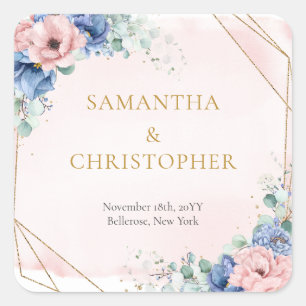 Aquarellfarbener Bouquet mit blauen Blumen Quadratischer Aufkleber