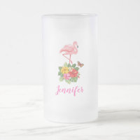 Aquarellfarbener Flamingo mit Hibiskus-Blume