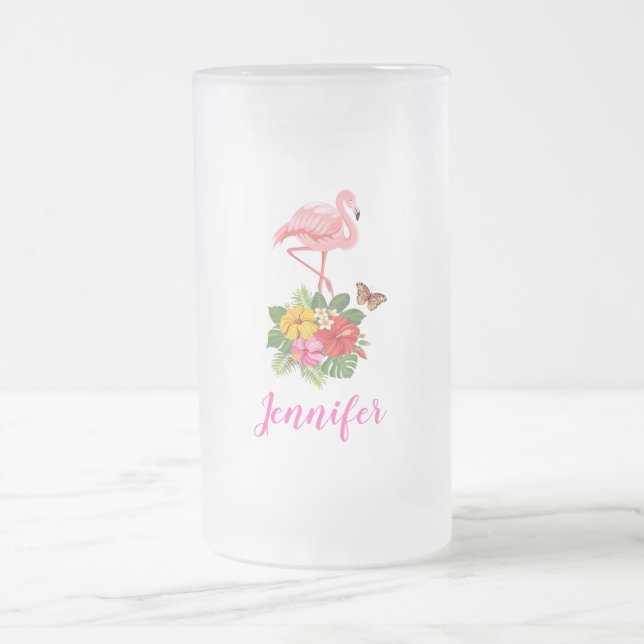 Aquarellfarbener Flamingo mit Hibiskus-Blume Mattglas Bierglas (Mittel)