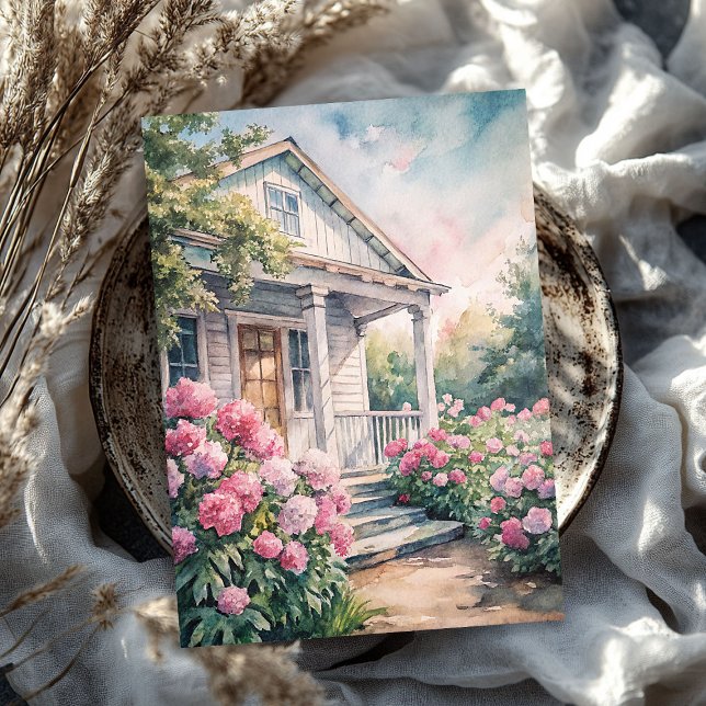 Aquarellfarbener Garten mit weißem Haus Rosa-Bäume Seidenpapier (Watercolor cozy white house pink peonies garden tissue paper)