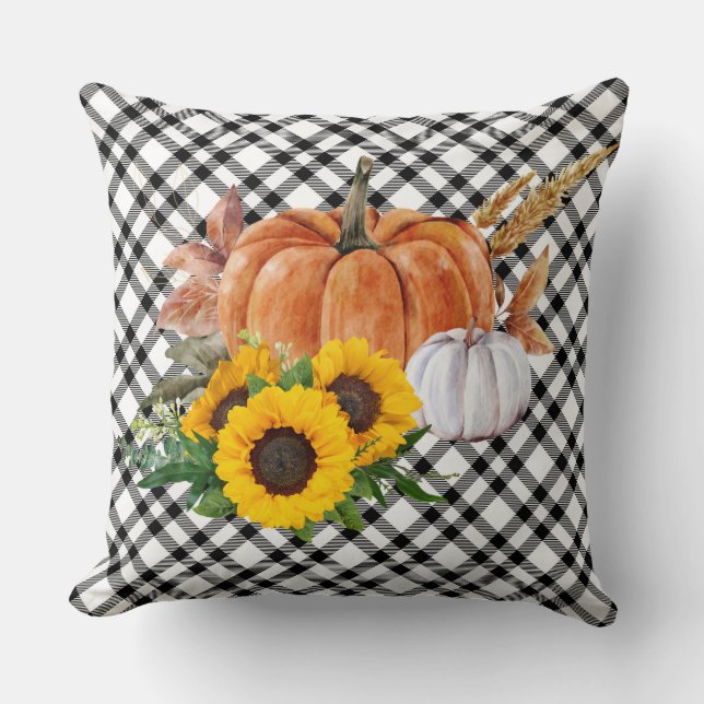 Aquarellfarbener Herbst Pumpkin Sonnenblumen Ernte Kissen (Vorderseite)