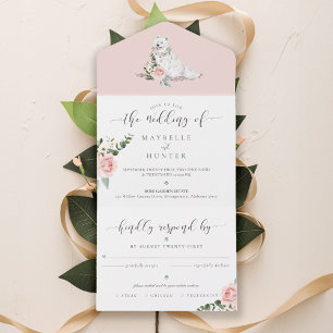 Aquarellfarbener Hund und Blume mit floralfarbenem All In One Einladung