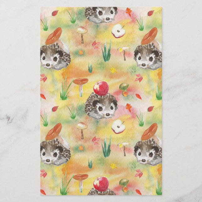 Aquarellfarbener Igel mit Pilzen und Apfel Briefpapier (Vorderseite)