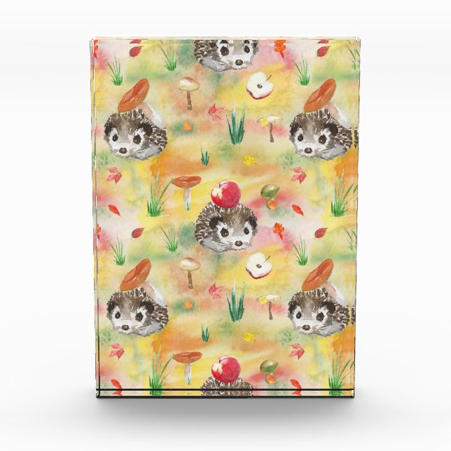 Aquarellfarbener Igel mit Pilzen und Apfel Fotoblock (Vorderseite)