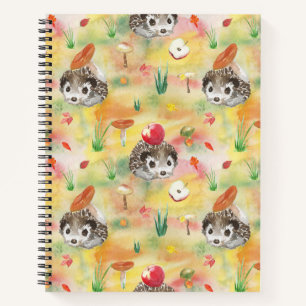 Aquarellfarbener Igel mit Pilzen und Apfel Notizbuch