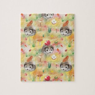Aquarellfarbener Igel mit Pilzen und Apfel Puzzle