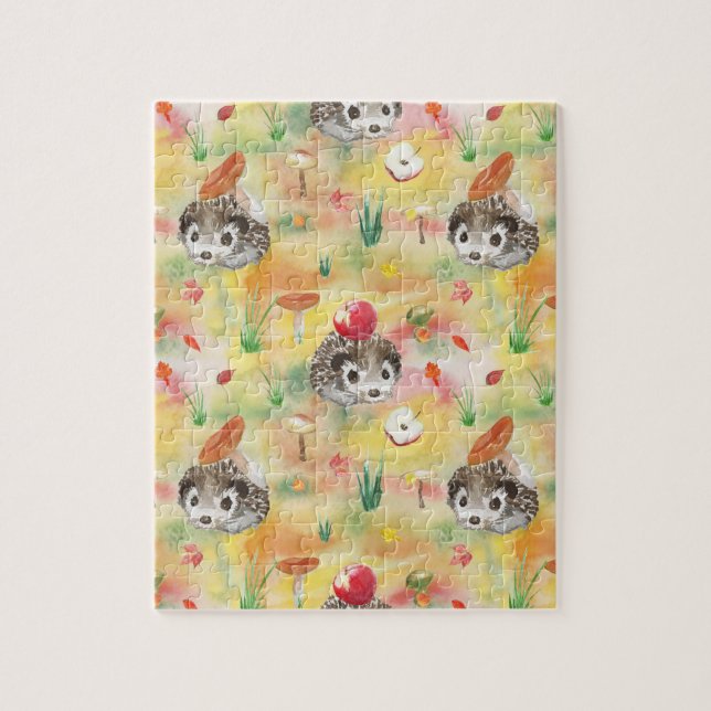 Aquarellfarbener Igel mit Pilzen und Apfel Puzzle (Vertikal)