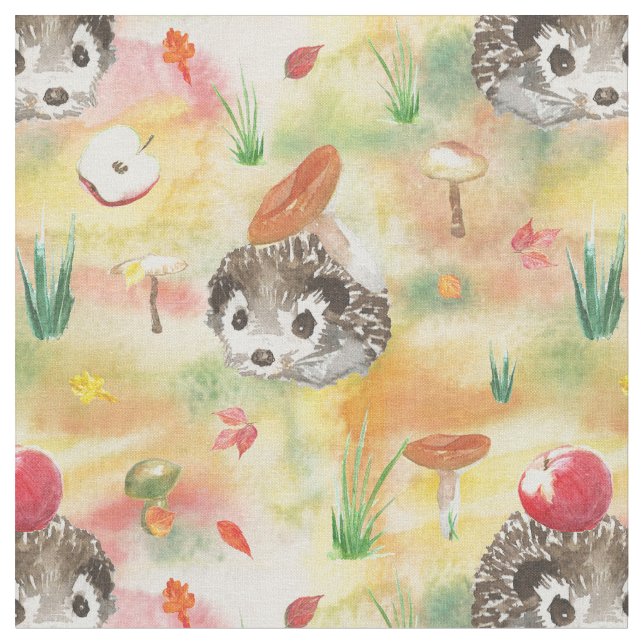 Aquarellfarbener Igel mit Pilzen und Apfel Stoff (Nahaufnahme)