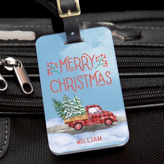 Aquarellfarbener Karierter roter LKW Schneeschuhwe Gepäckanhänger (red and black buffalo plaid truck carrying trees, snow background, Christmas luggage tag)