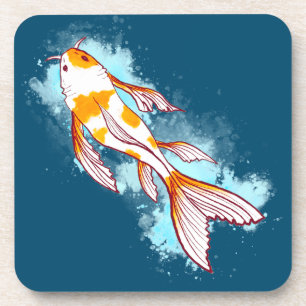 Aquarellfarbener Koi Fisch auf blauer Illustration Getränkeuntersetzer