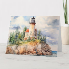 Aquarellfarbener Leuchtturm an der Küste Hintergru Dankeskarte