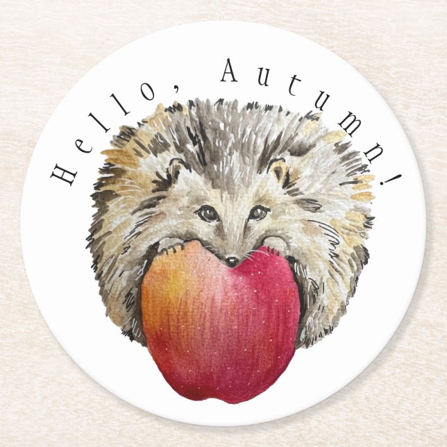 Aquarellfarbener niedlicher Igel und Apfelstein Un Runder Pappuntersetzer (Vorderseite)